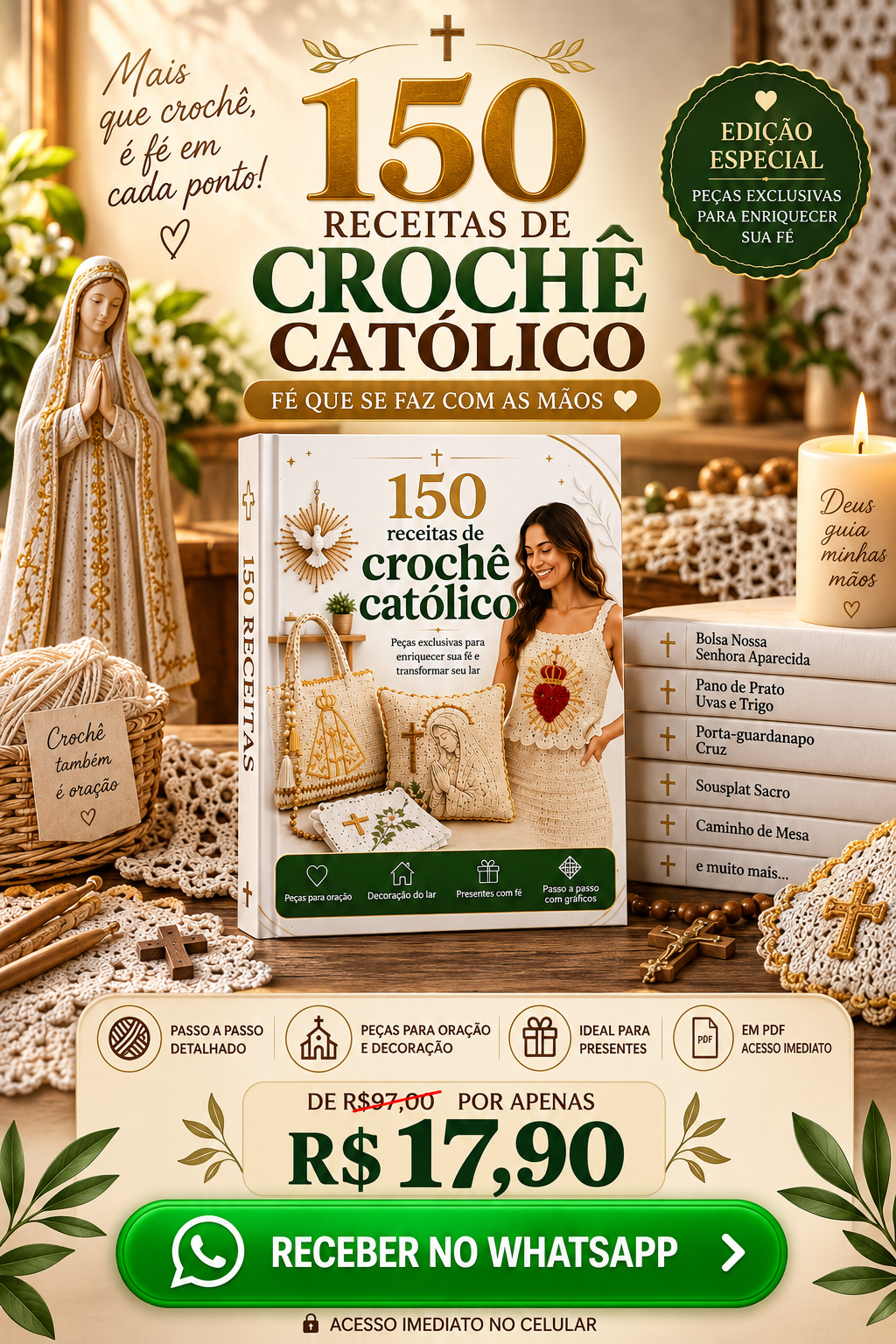 150 Receitas de Crochê Católico — receba agora no WhatsApp